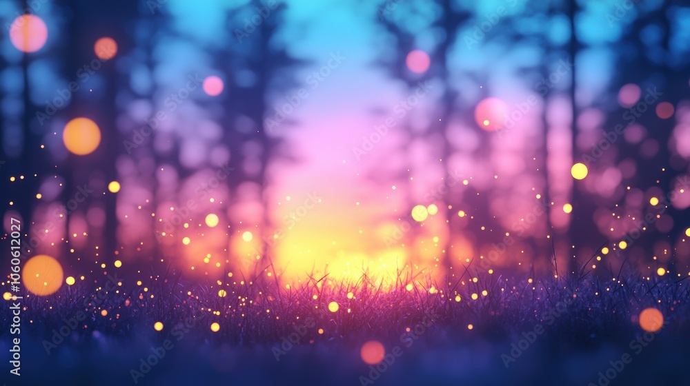 Poster enchanting twilight forest with floating light orbs