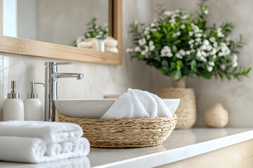 Candid photo of a stylish bathroom with a neutral color scheme, organized storage, and modern sink, creating a neat appearance, 4k resolution