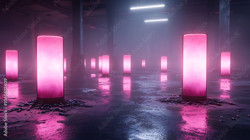 Poster illuminated columns emerge in a misty industrial space enhancing the atmosphere of modern design and