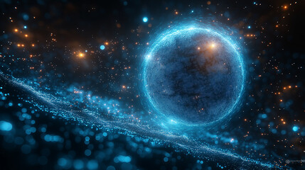 Obraz premium A blue sphere with a bright orange center is surrounded by a galaxy of stars