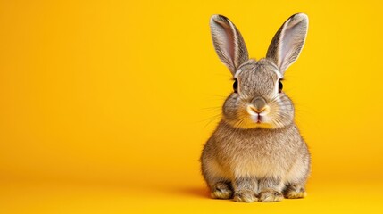 A cute rabbit sits against a bright yellow background, showcasing its fluffy fur and expressive features, creating a cheerful and vibrant image.