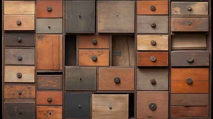 Wooden cabinet with assorted small drawers of various sizes and colors, featuring rustic and weathered textures, in a vintage style.