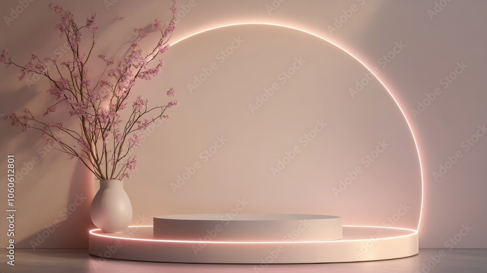Aufkleber a minimalist display with a circular platform and vase featuring pink flowers, illuminated by soft l