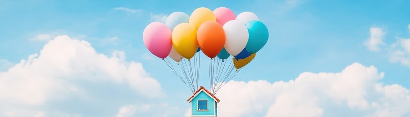 Obraz premium A whimsical house lifted by colorful balloons against a bright blue sky, symbolizing freedom and imagination.