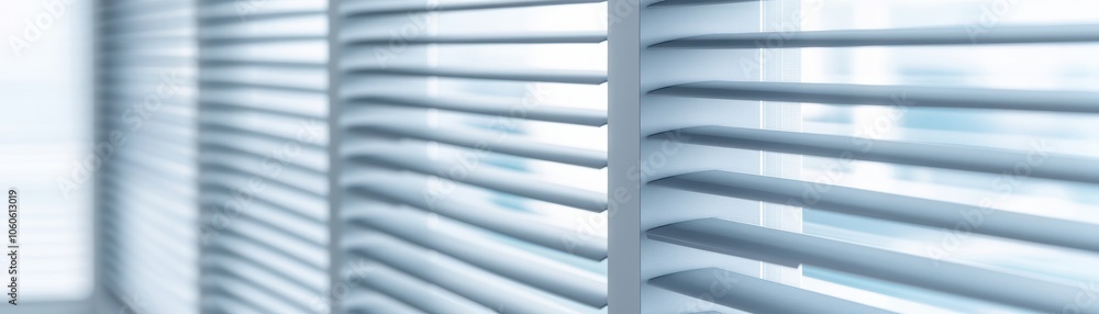 Aufkleber close-up of modern window blinds showcasing horizontal slats with soft light filtering through, crea