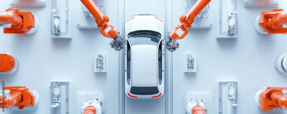 Poster aerial view of a car being assembled by robotic arms in a modern factory setting, showcasing advance