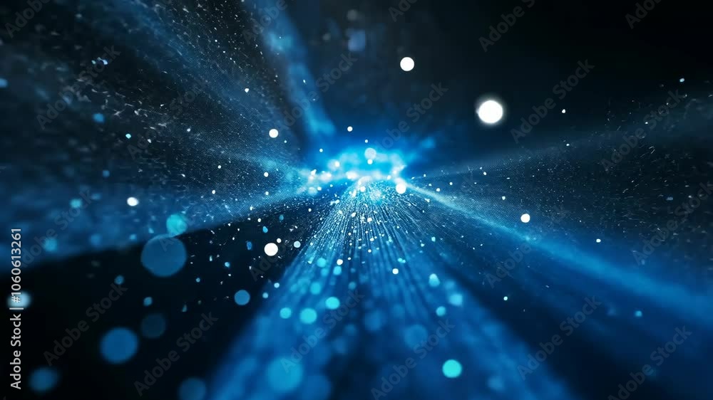 Poster abstract blue light streaks and bokeh in a dark background, creating a sense of movement and energy