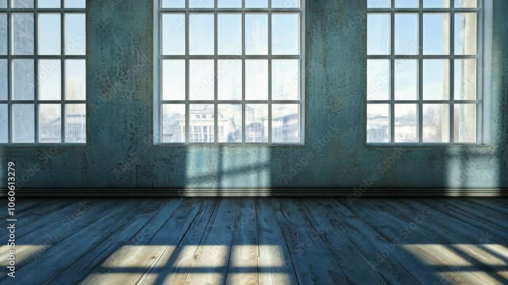 Poster sunlight streams through large windows in an empty room with wood floors