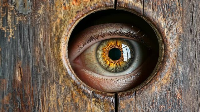 Eye peering through a mysterious hole in a weathered wooden door