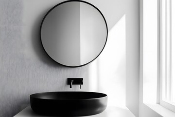 Portrait photo of a monochrome minimalist bathroom with a black basin and white walls, clean lines and modern feel, 4k resolution