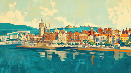 Naklejka premium Belfast, UK, french vintage Art Nouveau & Art Deco travel poster template. Cityscape and city skyline.Classic La Belle Epoque vichy art. Clear, simple, trendy