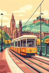 Naklejka premium Belfast, UK, french vintage Art Nouveau & Art Deco travel poster template. Cityscape and city skyline.Classic La Belle Epoque vichy art. Clear, simple, trendy