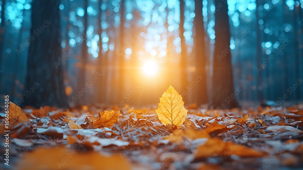 Poster golden leaf illuminates forest floor as sunlight filters through trees creating a serene autumn scen