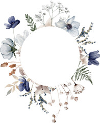 Watercolor Round Shaped Frame with Anemones, Dried Herbs and Gypsophila