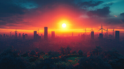 A city skyline with a large sun in the sky