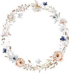 Watercolor Wreath with Anemones, Dried Herbs and Roses