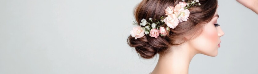 Naklejka premium Elegantly styled hair adorned with delicate flowers, perfect for weddings, parties, or special occasions.