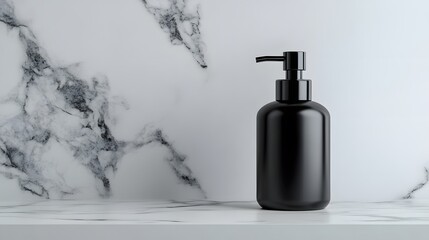 Obraz premium Candid photo of a black soap pump close-up on a white marble countertop, sharp contrast and minimalist style, 4k resolution