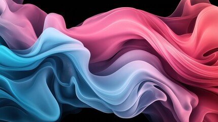 Obraz premium Abstract image of flowing, colorful fabric-like waves in blue, pink, and purple hues against a black background, resembling fluid motion or wisps of ethereal smoke.