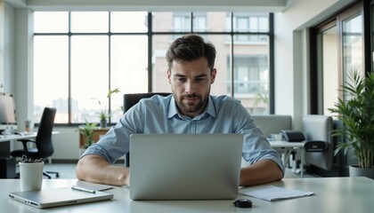Concentrated man working on laptop at desk in modern office environment
