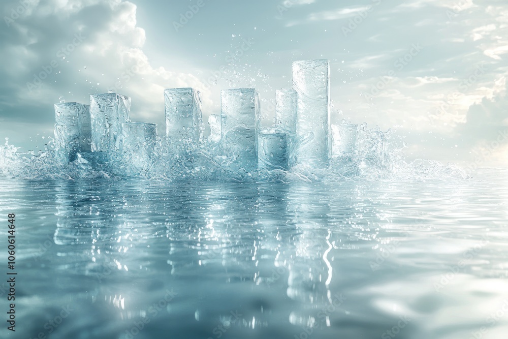 Poster ice cubes emerging from water with cloudy sky background