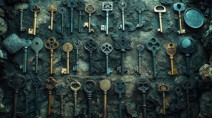 an assortment of different keys ranging from antique to modern designs lies scattered on a textured surface symbolizing access mystery and adventure