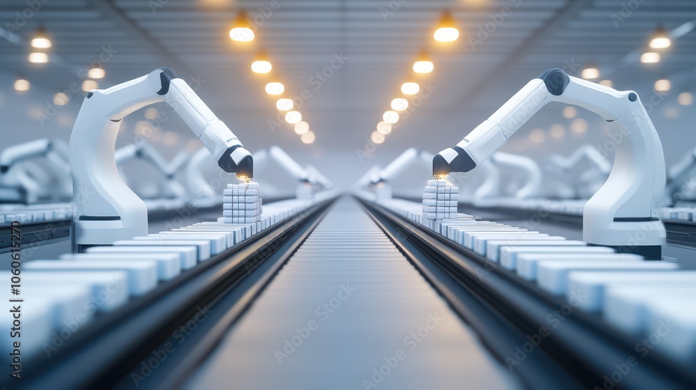 Poster automated robotic arms working on a production line in a modern manufacturing facility with bright l