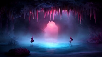 Fototapeta premium Mysterious figures wander through ethereal cave waters under vibrant light reflections