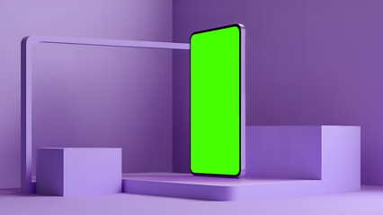 Modern Smartphone Mockup with Geometric Purple Background and green screen phone.