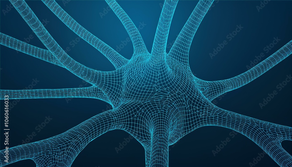 Poster neuron system wireframe mesh model. low poly vector illustration.