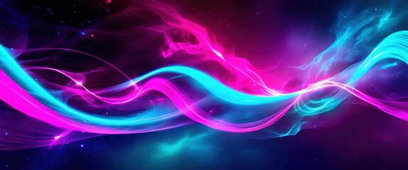 Naklejka premium Cosmic waves, vibrant neon colors, flowing energy ribbons, deep space background, stars, abstract aurora, electric blue and magenta, dynamic motion, ethereal glow, digital art, surreal, colorful nebul