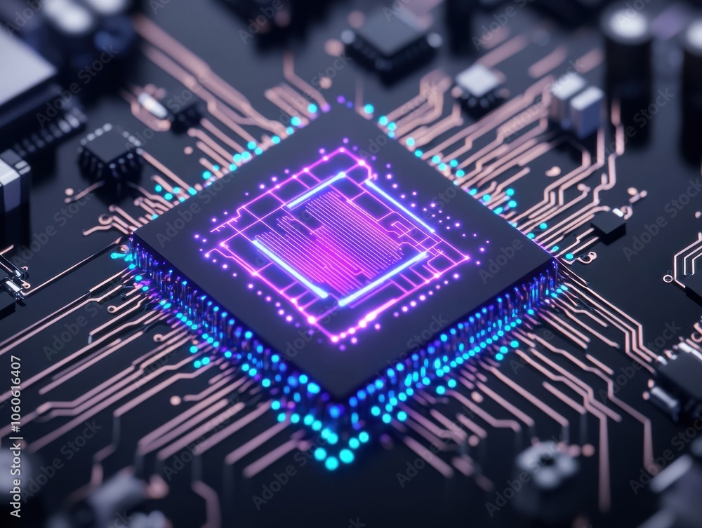 Poster close-up view of a modern microprocessor on a circuit board, featuring intricate designs and vibrant