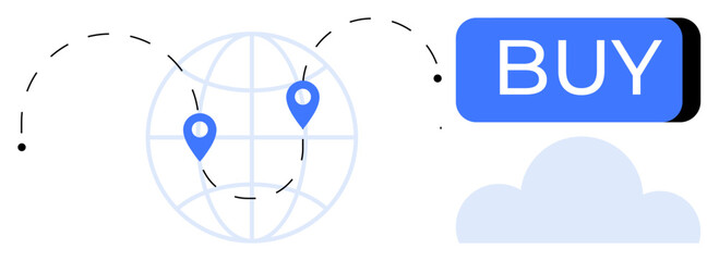 Globe with location pins, cloud, and dashed lines showing connections to a Buy button. Ideal for e-commerce, global shipping, logistics, online retail, digital marketing, global reach, cloud