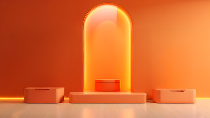Orange background and podium. Showcase to display products