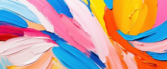 Fototapeta premium Vibrant abstract art, bold brush strokes, colorful flower petals, dynamic composition, pink orange blue yellow, textured canvas, modern expressionism, energetic painting style, spring floral inspirati