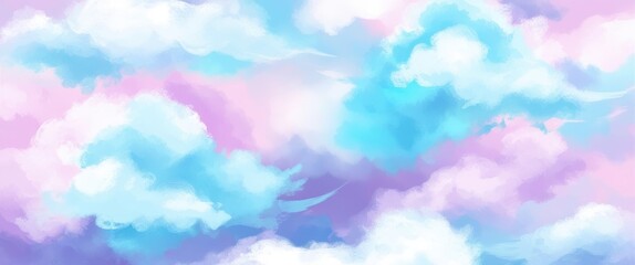 Dreamy sky, pastel clouds, soft watercolor effect, ethereal atmosphere, cotton candy colors, blue and pink hues, wispy cloud formations, serene heavenly landscape, gentle gradient, atmospheric art, ce