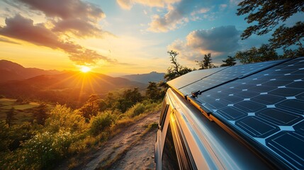 Lifestyle photo of a campervan with innovative rooftop solar panels providing off-grid energy, showing sustainable travel solutions, 4k resolution