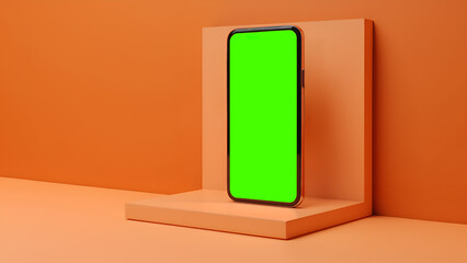 Smartphone with green screen on orange background and podium