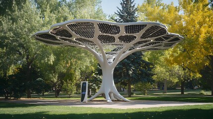 Candid photo of an innovative solar tree structure in a park, providing shade and charging stations for visitors, 4k resolution