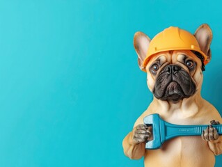 Cute dog plumber holding a blue wrench, wearing a helmet on color background