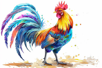 Fototapeta premium A colorful rooster in full height in watercolor, white background style