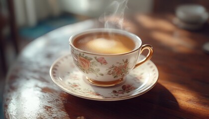 Fototapeta premium Aromatic Dark Coffee in a Vintage Floral Cup with Steam Creating a Calming Scene, Perfect Hot Beverage for Coffee Lovers