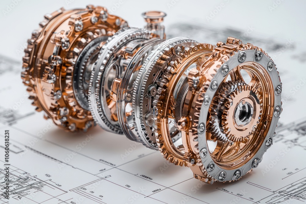 Poster intricate gear system of a sophisticated mechanical device