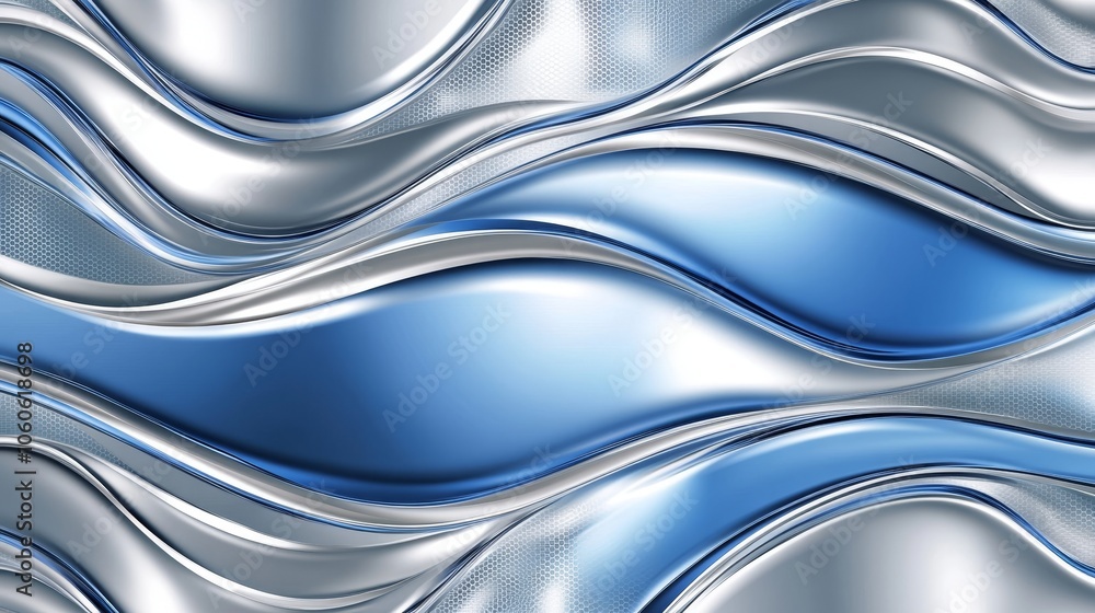 Poster a smooth, wavy pattern in metallic shades of blue and silver, creating a fluid and dynamic visual ef
