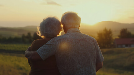 Fototapeta premium A senior couple, back turned to the viewer, long love good life partner, Generative ai