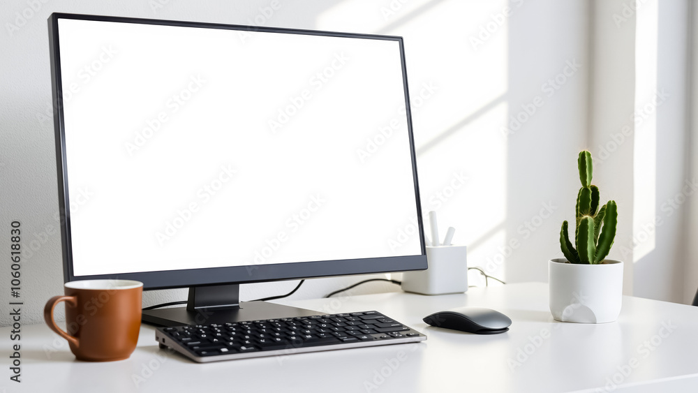 Poster minimalist workspace with a blank computer screen