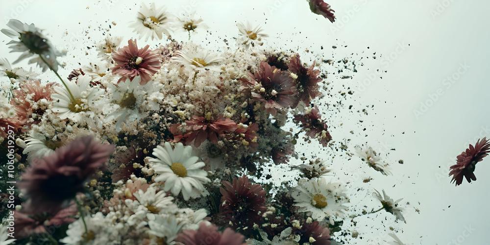 Poster an explosion of colorful flowers creating a dynamic, artistic display in a soft background.