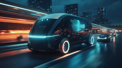 Flota elektrycznych ciężarówek z modułowymi komorami jedzie synchronicznie wzdłuż autostrady, korzystając z AI do autonomicznej jazdy.