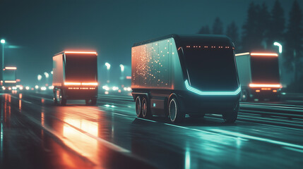 Flota elektrycznych ciężarówek z modułowymi komorami jedzie synchronicznie wzdłuż autostrady, korzystając z AI do autonomicznej jazdy.