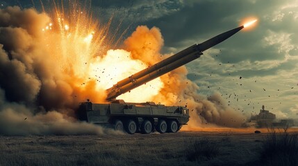 Obraz premium Military artillery missile system launches rockets